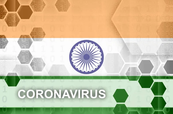 Indien Flagga Och Futuristisk Digital Abstrakt Sammansättning Med Coronavirus Inskription — Stockfoto
