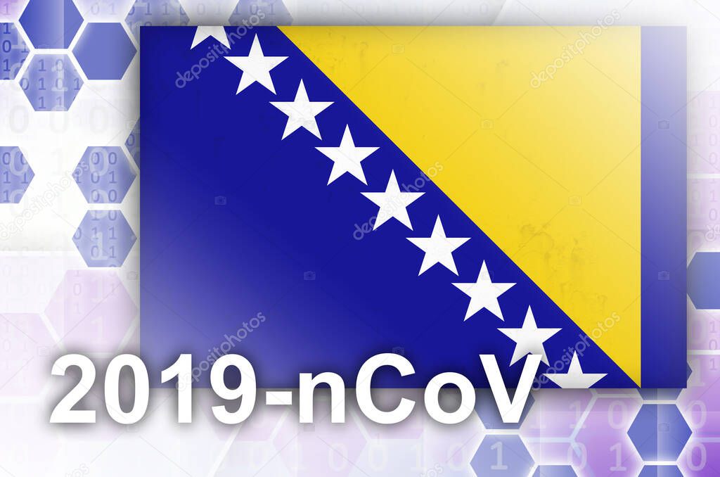 Bosnia and Herzegovina flag and futuristic digital abstract composition with 2019-nCoV inscription. Covid-19 virus outbreak concept