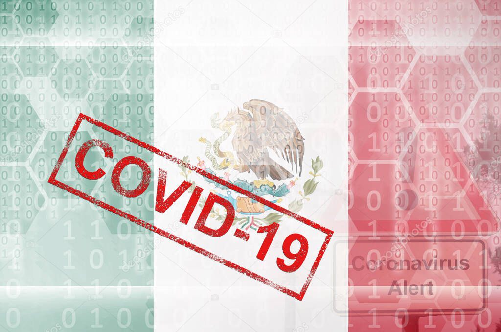 Mexico flag and futuristic digital abstract composition with Covid-19 inscription. Coronavirus outbreak concept