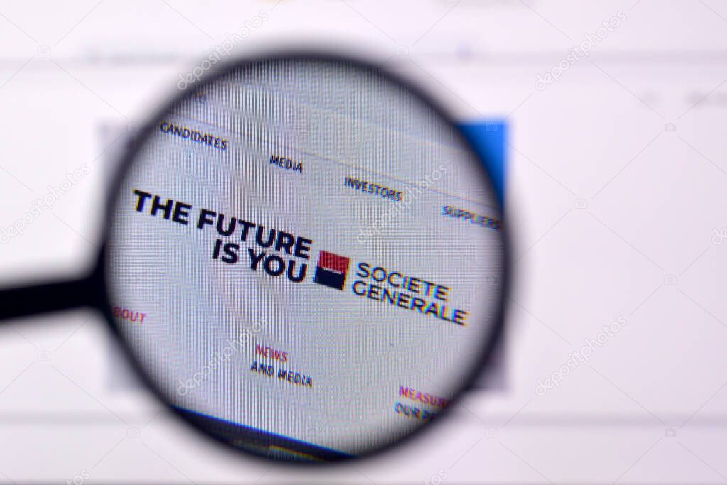 NY, USA - FEBRUARY 29, 2020: Homepage of societe generale website on the display of PC, url - societegenerale.com.