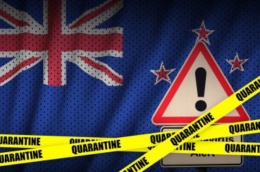 Yeni Zelanda bayrağı ve Covid-19 sarı bandı karantina altına aldı. Coronavirus veya 2019-ncov virüs konsepti