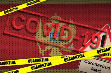 Karadağ bayrağı ve Covid-19 kırmızı damgalı sarı bant karantinaya alındı. Coronavirus veya 2019-ncov virüs konsepti