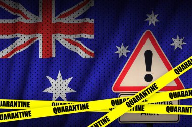 Avustralya bayrağı ve Covid-19 karantina sarı bandı. Coronavirus veya 2019-ncov virüs konsepti