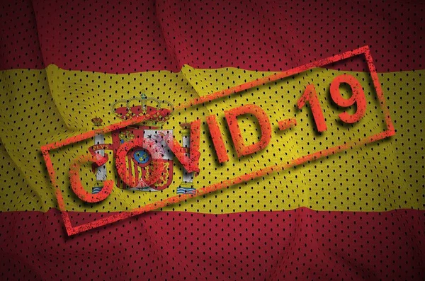 Spanyol Zászló Piros Covid Pecsét Coronavirus 2019 Ncov Kitörés Koncepciója — Stock Fotó