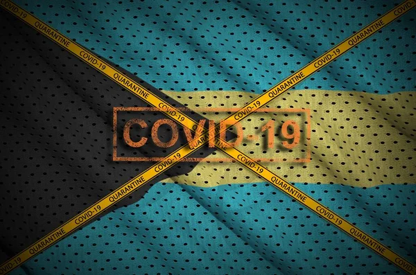 Bahamas Flag Covid Stamp Orange Quarantine Border Tape Cross Coronavirus — Stock Photo, Image