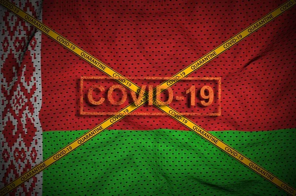 Fehérorosz Zászló Covid Bélyegző Narancssárga Karanténszalaggal Coronavirus Vagy Pandémia 2019 — Stock Fotó