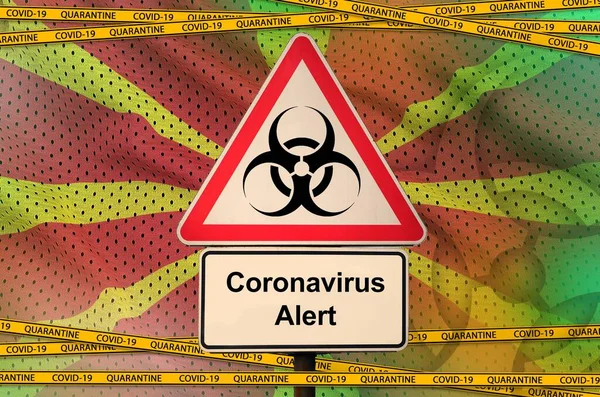 Macedonia Flag Covid Biohazard Symbol Quarantine Orange Tape Coronavirus Pandemic — Stock Photo, Image