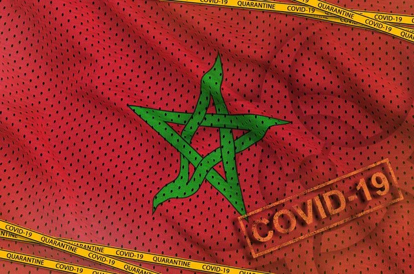 Bandeira Marrocos Símbolo Risco Biológico Covid Com Fita Laranja Quarentena — Fotografia de Stock