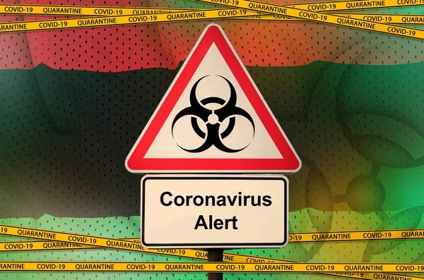 Libyjská Vlajka Biohazardní Symbol Covid Karanténní Oranžovou Páskou Coronavirus Nebo — Stock fotografie
