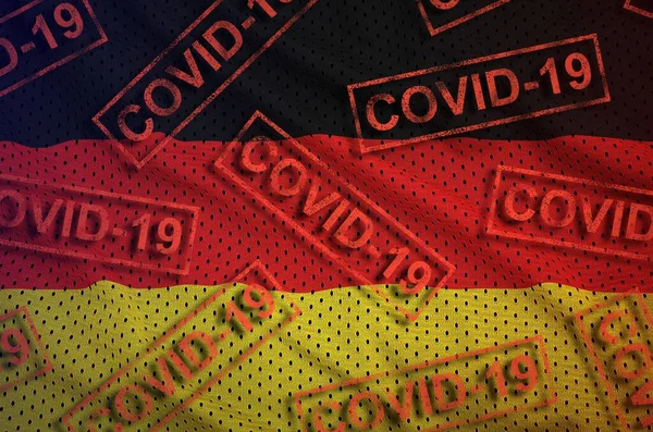 Germany Flag Many Red Covid Stamps Coronavirus Pandemic 2019 Ncov — Stock Photo, Image