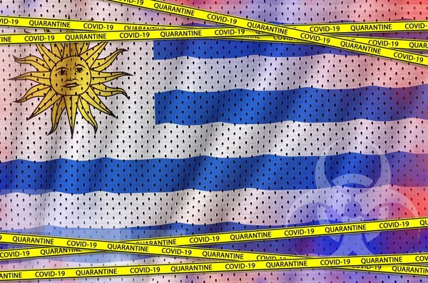 Uruguay Flagga Och Covid Karantän Gul Tejp Coronavirus Eller Pandemi — Stockfoto