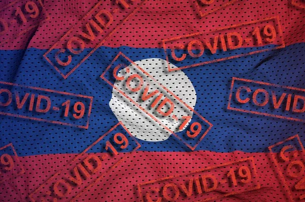 Laos Flag Many Red Covid Stamps Coronavirus Pandemic 2019 Ncov — Stock Photo, Image