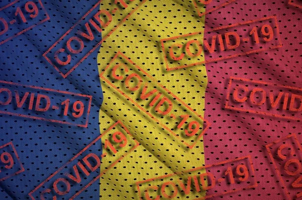 乍得国旗和许多红色Covid 19邮票 Coronavirus Pandemic 2019 Ncov Virus Concept — 图库照片