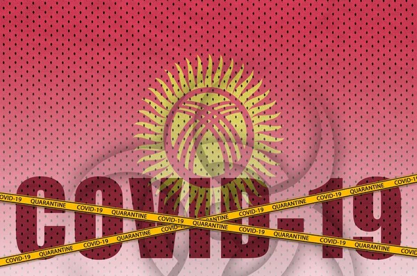 Bandera Kirguistán Inscripción Covid Con Cinta Borde Cuarentena Naranja Concepto — Foto de Stock