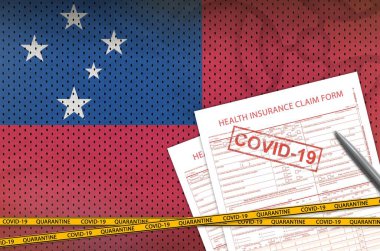 Samoa bayrağı ve 19 damgalı sağlık sigortası talep formu. Coronavirus veya salgın 2019-nCov virüs konsepti