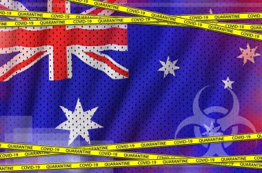 Avustralya bayrağı ve Covid-19 karantina sarı bandı. Coronavirus veya salgın 2019-nCov virüs konsepti
