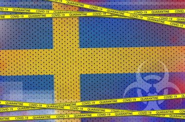 İsveç bayrağı ve Covid-19 karantina sarı bandı. Coronavirus veya salgın 2019-nCov virüs konsepti