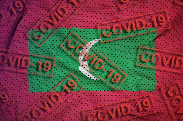 马尔代夫国旗和许多红色Covid 19邮票 Coronavirus Pandemic 2019 Ncov Virus Concept — 图库照片