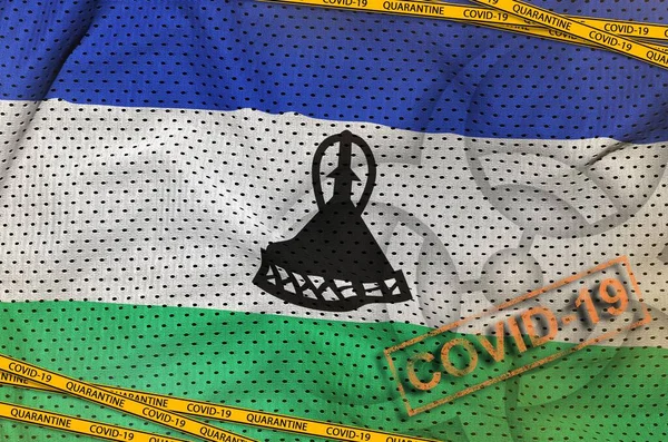 Bandiera Lesotho Simbolo Rischio Biologico Covid Con Nastro Arancione Quarantena — Foto Stock