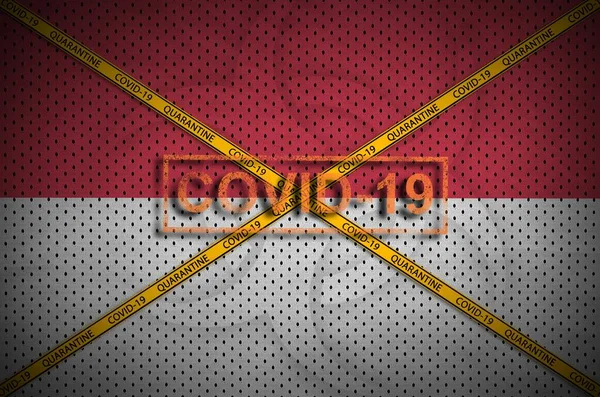 Bandera Indonesia Sello Covid Con Cinta Frontera Cuarentena Naranja Cruzada —  Fotos de Stock