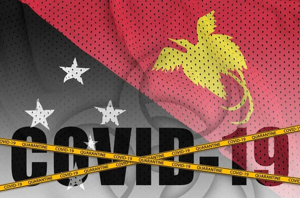 Bandera Papúa Nueva Guinea Inscripción Covid Con Cinta Borde Cuarentena — Foto de Stock