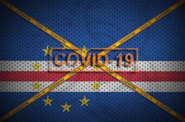 Cabo Verde Flag Covid Stamp Orange Quarantine Border Tape Cross — Stock Photo, Image