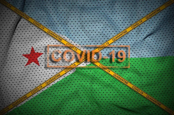 Djibouti Flag Covid Stamp Orange Quarantine Border Tape Cross Coronavirus — Stock Photo, Image