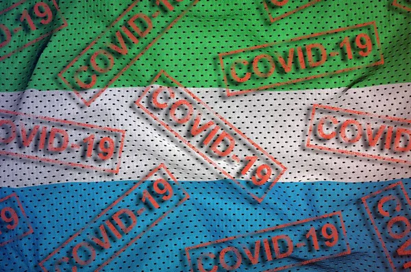 Sierra Leone Flag Many Red Covid Stamps Coronavirus Pandemic 2019 — Stock Photo, Image