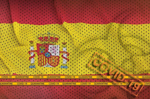 Spanien Flagge Und Orangefarbene Covid Marke Mit Grenzband Coronavirus Oder — Stockfoto