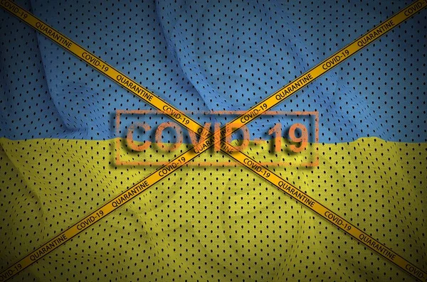 Флаг Украины Марка Ковид Оранжевой Карантинной Лентой Границе Коронавирус Пандемическая — стоковое фото