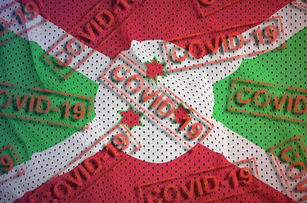 Burundi Flag Many Red Covid Stamps Coronavirus Pandemic 2019 Ncov — Stock Photo, Image