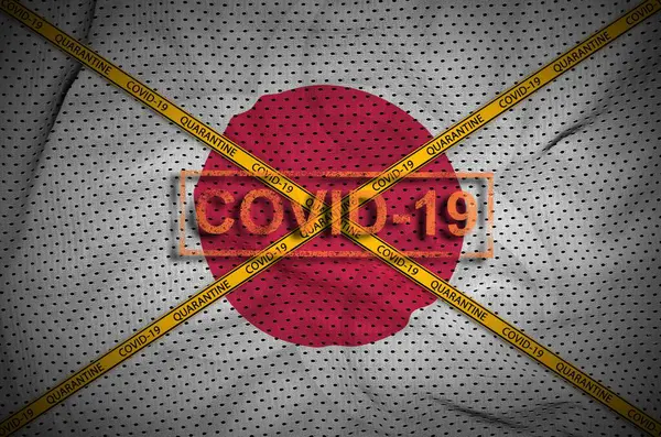 Japán Zászló Covid Pecsét Narancssárga Karanténszalaggal Coronavirus Vagy Pandémia 2019 — Stock Fotó