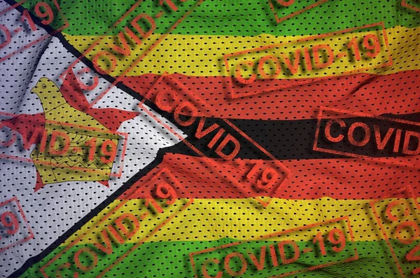 Zimbabwe Flag Many Red Covid Stamps Coronavirus Pandemic 2019 Ncov — Stock Photo, Image