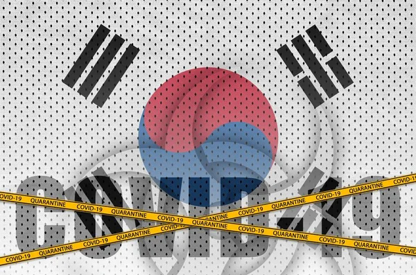 South Korea Flag Covid Inscription Orange Quarantine Border Tape Coronavirus — Stock Photo, Image