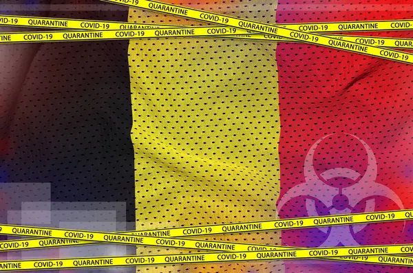Belgium Flag Covid Quarantine Yellow Tape Coronavirus Pandemic 2019 Ncov — Stock Photo, Image