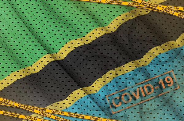 坦桑尼亚国旗和Covid 19生物危害标志 带有检疫橙色带子和印章 Coronavirus Pandemic 2019 Ncov Virus Concept — 图库照片