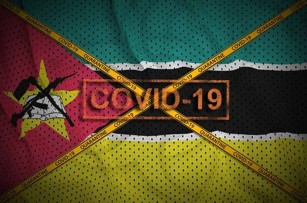 Mozambique Vlag Covid Stempel Met Oranje Quarantaine Band Kruis Coronavirus — Stockfoto