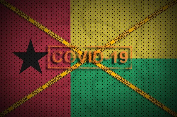 Bandeira Guiné Bissau Carimbo Covid Com Fita Adesiva Laranja Quarentena — Fotografia de Stock
