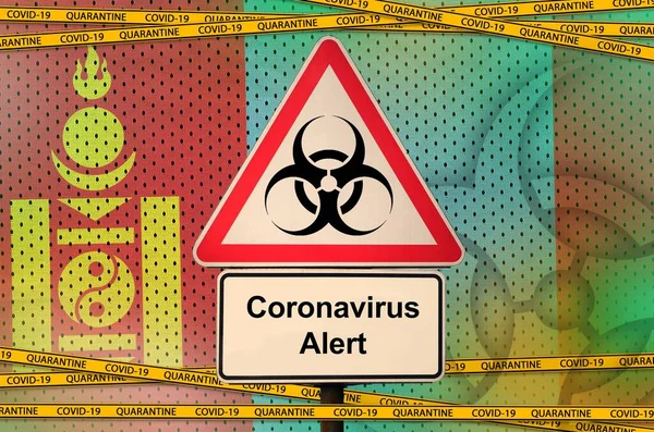 Mongolia Flag Covid Biohazard Symbol Quarantine Orange Tape Coronavirus Pandemic — Stock Photo, Image