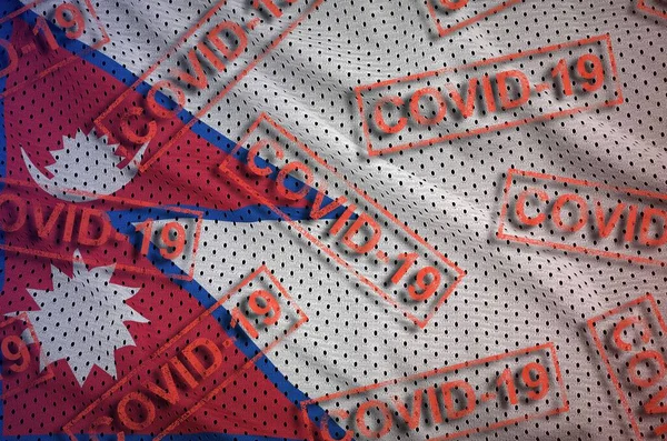 Nepal Flag Many Red Covid Stamps Coronavirus Pandemic 2019 Ncov — Stock Photo, Image