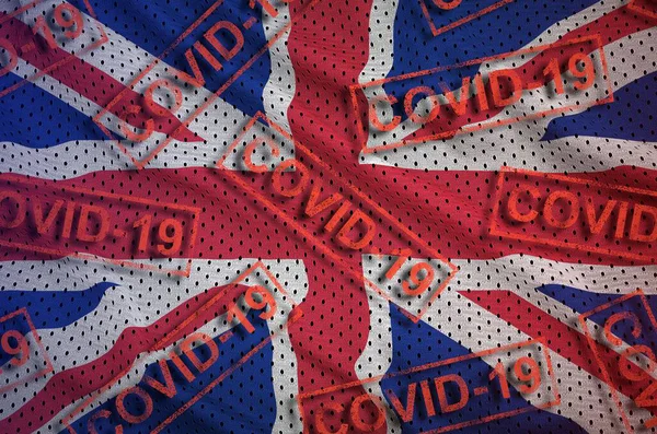 Nagy Britannia Zászló Sok Piros Covid Bélyeg Coronavirus Vagy Pandémia — Stock Fotó