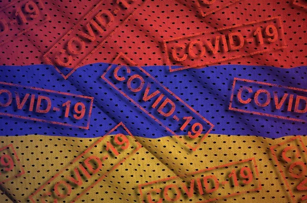 亚美尼亚国旗和许多红色Covid 19邮票 Coronavirus Pandemic 2019 Ncov Virus Concept — 图库照片