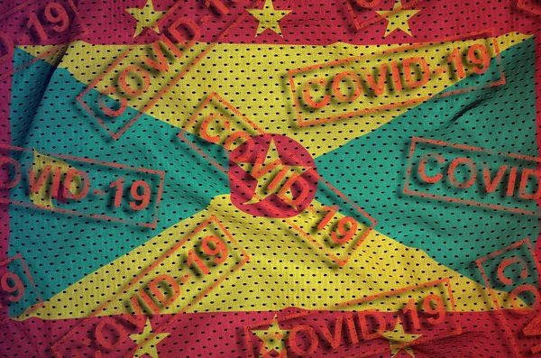 Grenada Flag Many Red Covid Stamps Coronavirus Pandemic 2019 Ncov — Stock Photo, Image