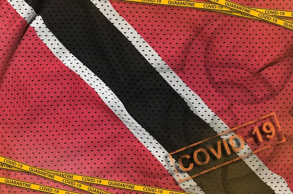 Trinidad Tobago Vlajka Covid Biohazard Symbol Karanténní Oranžovou Páskou Razítkem — Stock fotografie