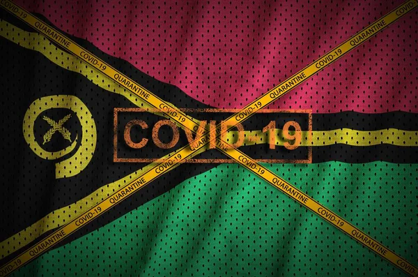 Bandera Vanuatu Sello Covid Con Cinta Borde Cuarentena Naranja Cruzada — Foto de Stock