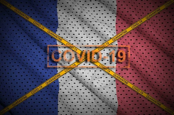 Frankreich Flagge Und Covid Marke Mit Orangefarbenem Quarantäne Grenzstreifen Coronavirus — Stockfoto