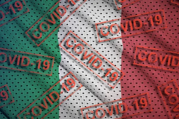 Italy Flag Many Red Covid Stamps Coronavirus Pandemic 2019 Ncov — Stock Photo, Image