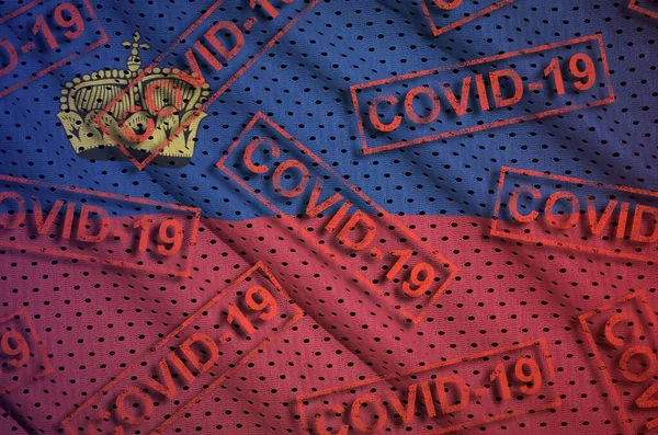 Liechtenstein Flag Many Red Covid Stamps Coronavirus Pandemic 2019 Ncov — Stock Photo, Image