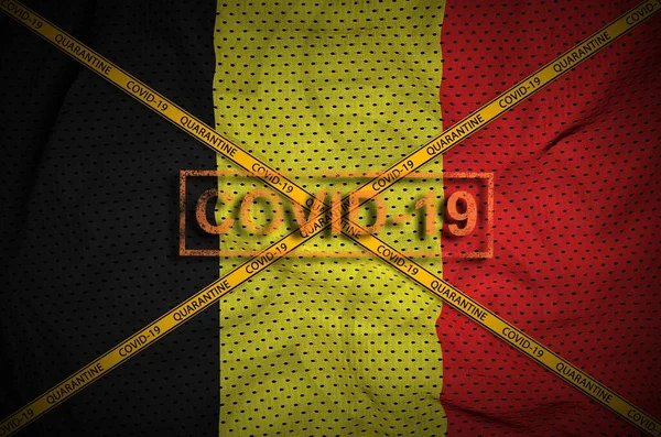 Belgien Flagga Och Covid Stämpel Med Orange Karantän Gräns Tejp — Stockfoto