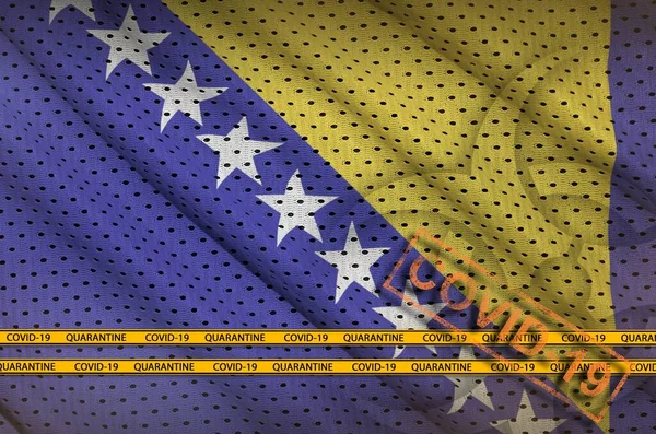 波斯尼亚和黑塞哥维那国旗和带有边境胶带的橙色Covid 19邮票 Coronavirus Pandemic 2019 Ncov Virus Concept — 图库照片